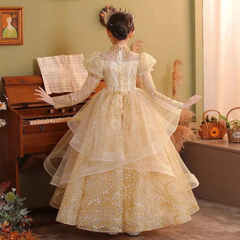 Floor-Length A-Line Princess Party Dress for Girls with Rhinestone Appliques and Long Sleeves