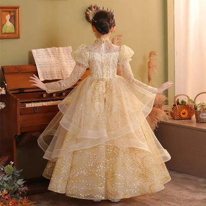 Floor-Length A-Line Princess Party Dress for Girls with Rhinestone Appliques and Long Sleeves