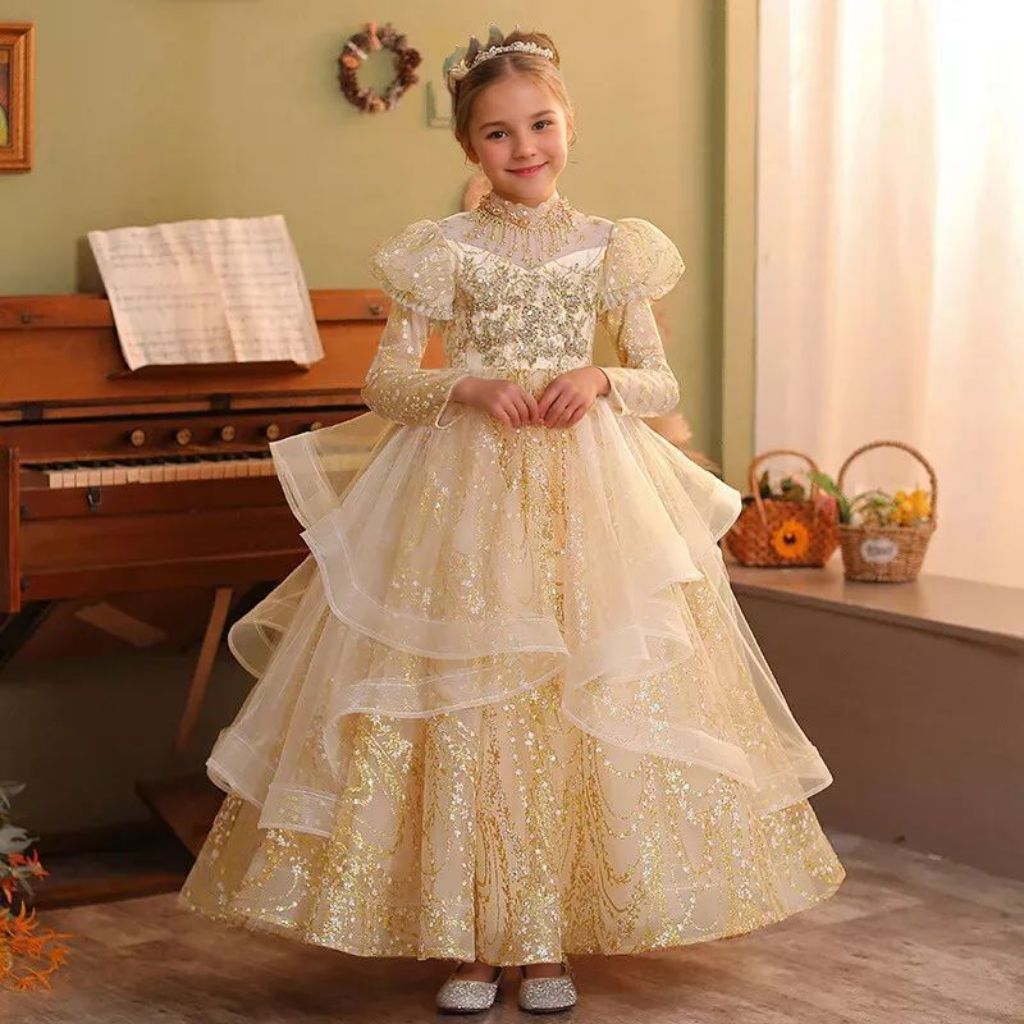 Floor-Length A-Line Princess Party Dress for Girls with Rhinestone Appliques and Long Sleeves