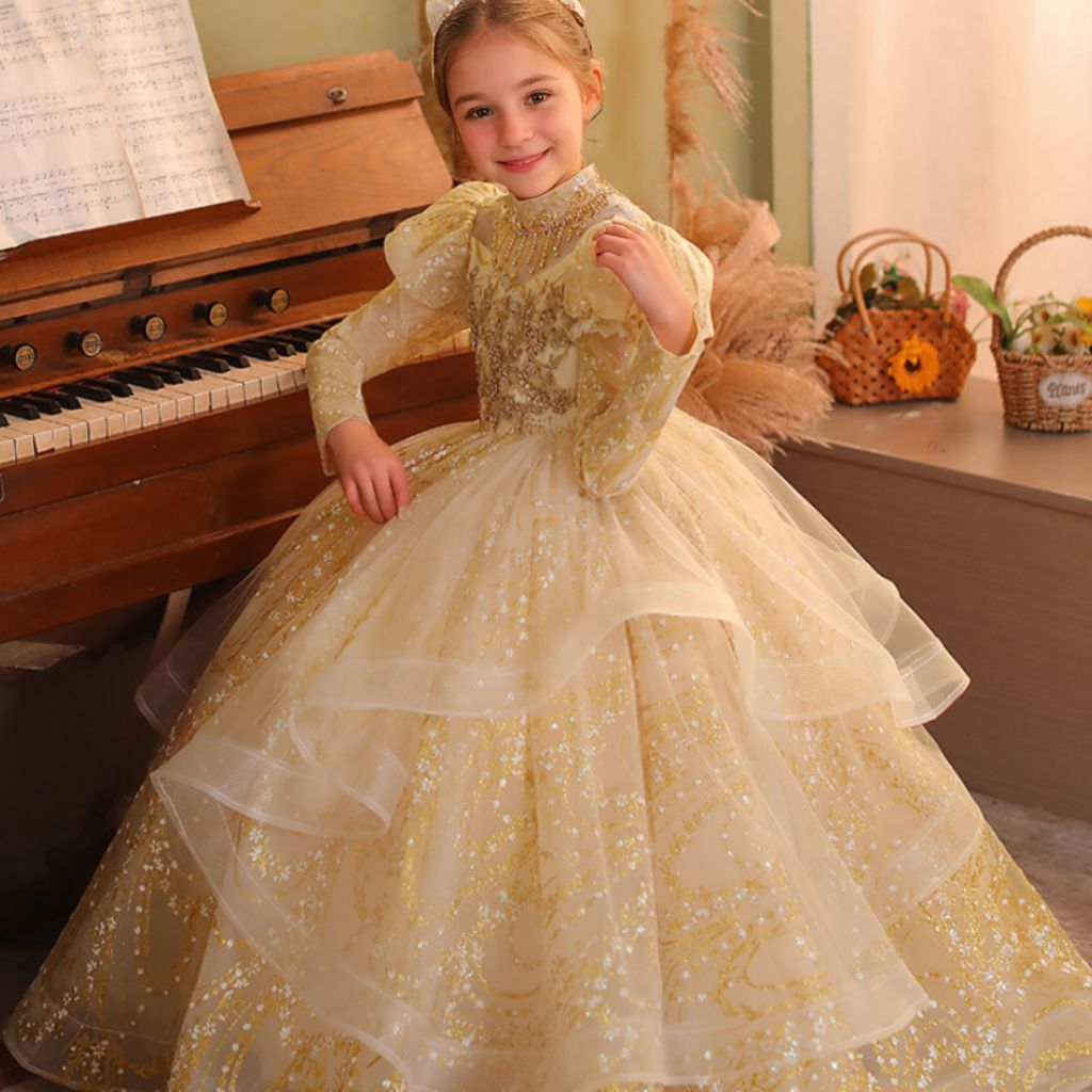 Floor-Length A-Line Princess Party Dress for Girls with Rhinestone Appliques and Long Sleeves