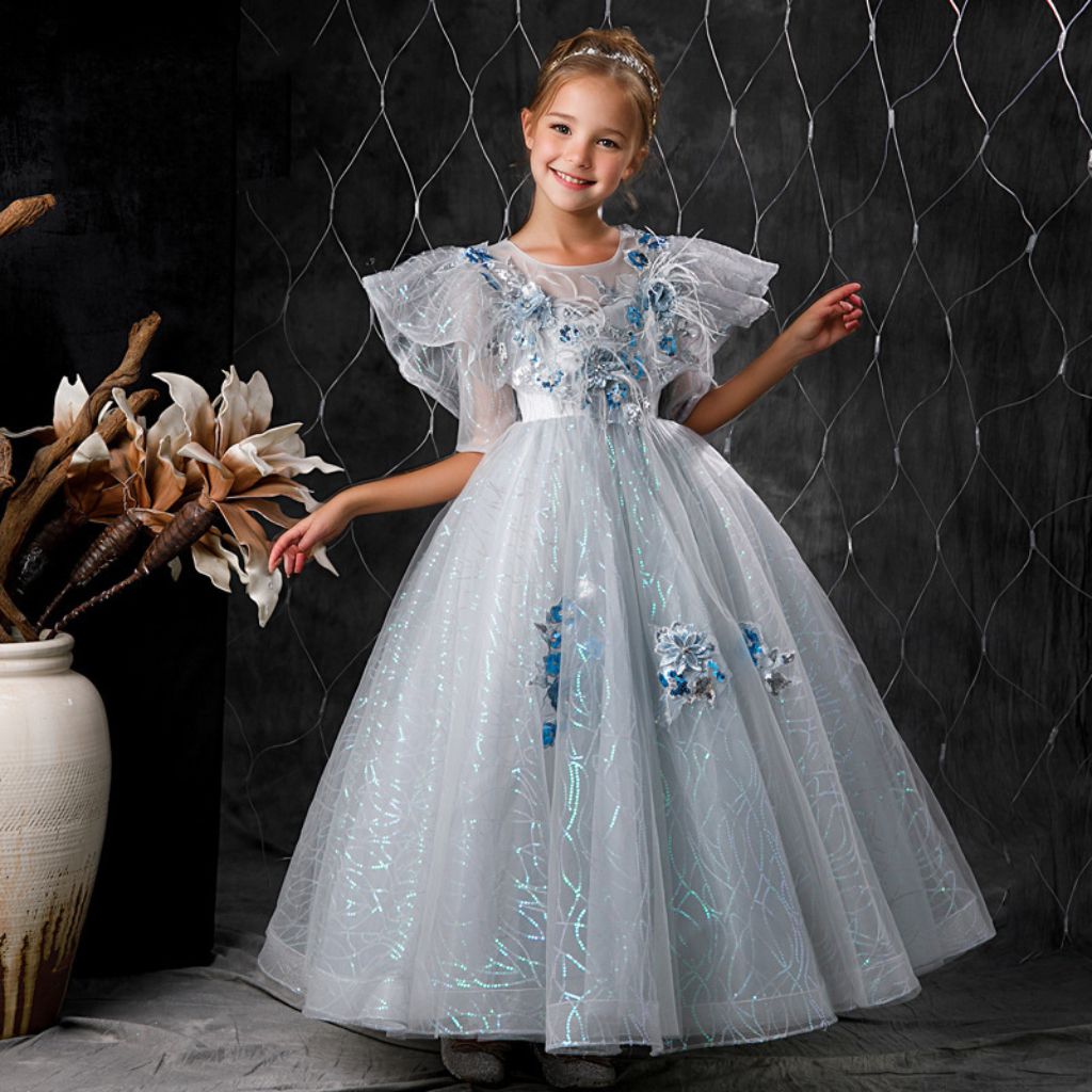 Girl's Party Dress with Rhinestone Flower Appliques and Feathers in a Ball Gown Style