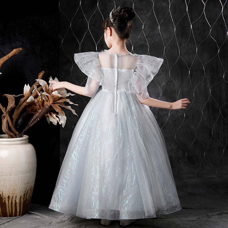 Girl's Party Dress with Rhinestone Flower Appliques and Feathers in a Ball Gown Style