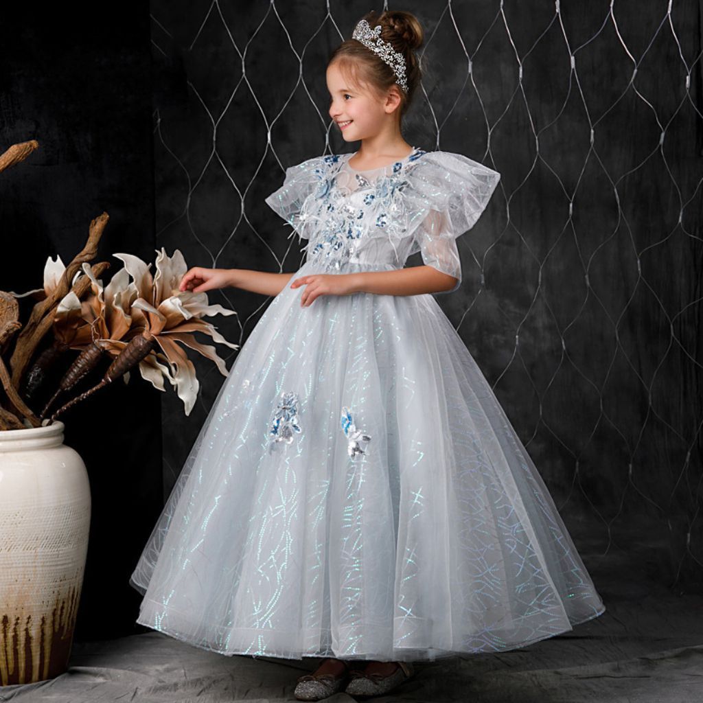 Girl's Party Dress with Rhinestone Flower Appliques and Feathers in a Ball Gown Style