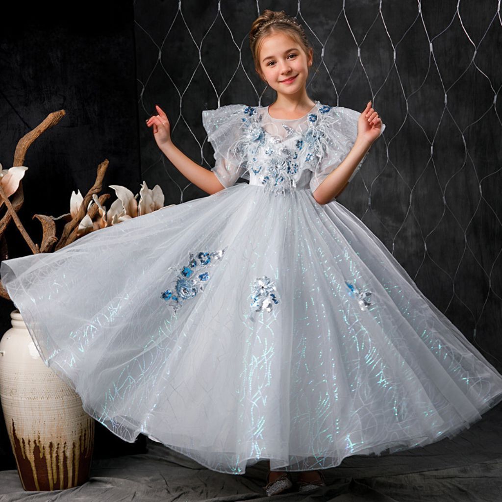 Girl's Party Dress with Rhinestone Flower Appliques and Feathers in a Ball Gown Style