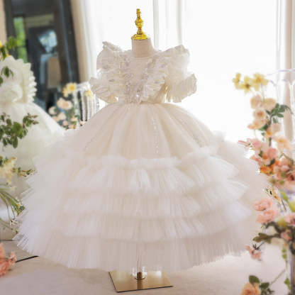 Layered Ball Gown Party Dresses for Girls with Beading and Lace Appliques Short Sleeves