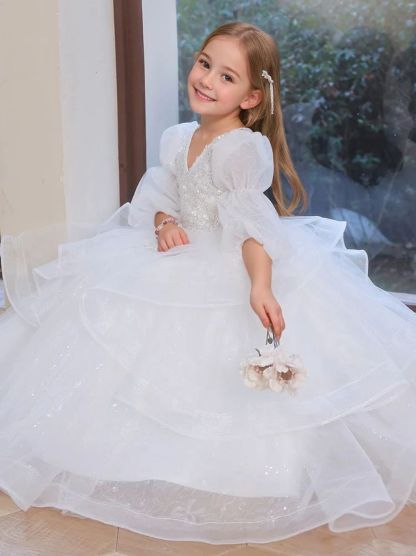 Flower Girl Dress with Rhinestone Appliques in V-Neck and 3/4 A-Line/Princess Sleeves