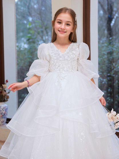 Flower Girl Dress with Rhinestone Appliques in V-Neck and 3/4 A-Line/Princess Sleeves