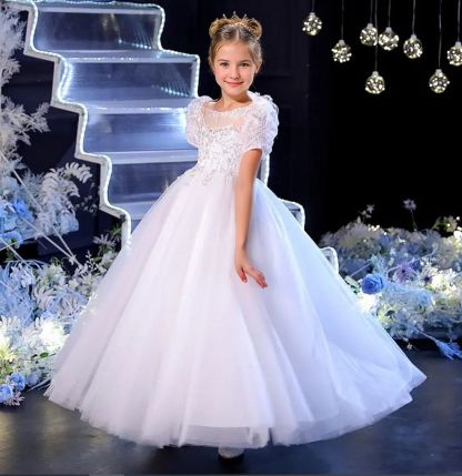 Short-Sleeved Flower Girl Dress with Lace and Crystal Appliques in A-Line/Princess Style