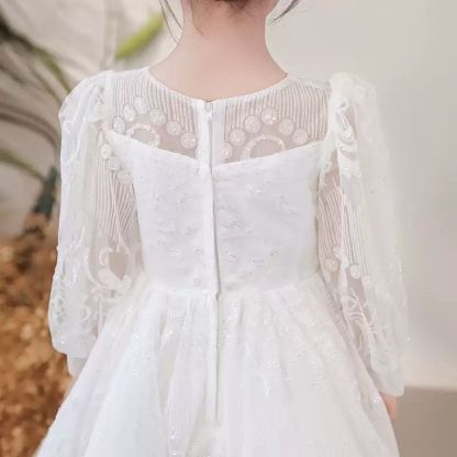 Long Sleeve Floor-Length Lace Party Dress with Round Neck for Flower Girls