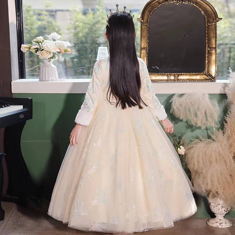 Winter Princess A-Line Dress with Long Sleeves and High Neck Embroidery