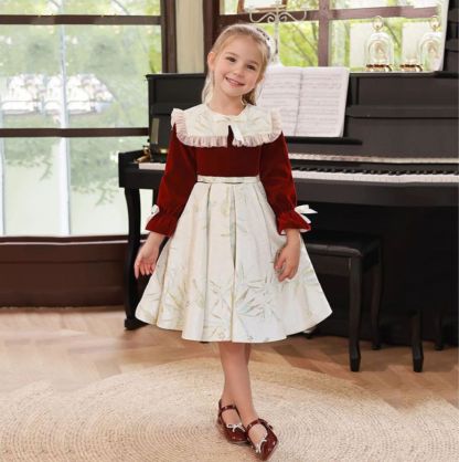Round Neck A-Line Flower Girl Party Dresses with Bowknot in Tea-Length and Long Sleeves