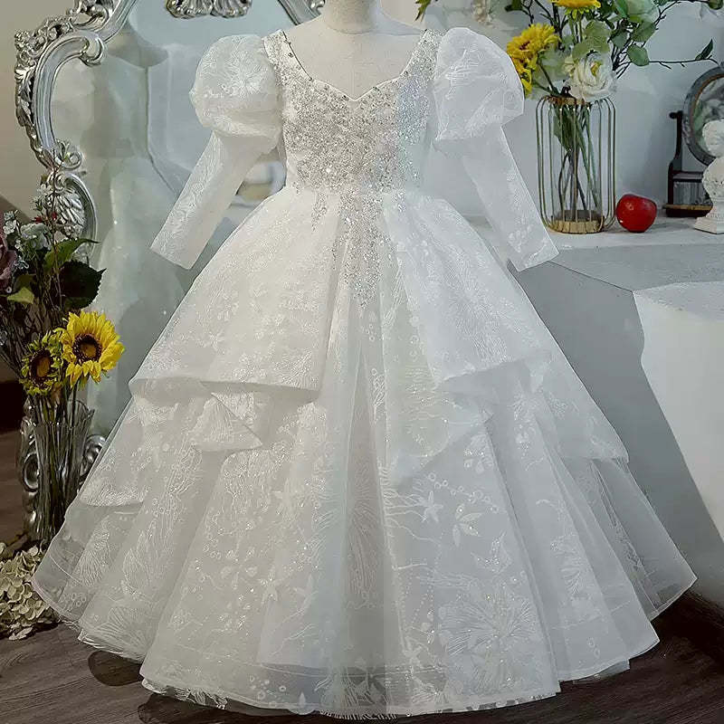 Long-Sleeved Ball Gown Flower Girl Dress with Lace and Crystal Appliques for Sweetheart Parties