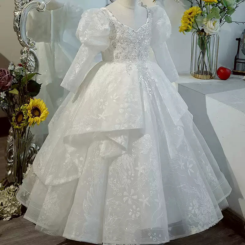Long-Sleeved Ball Gown Flower Girl Dress with Lace and Crystal Appliques for Sweetheart Parties