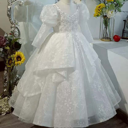 Long-Sleeved Ball Gown Flower Girl Dress with Lace and Crystal Appliques for Sweetheart Parties