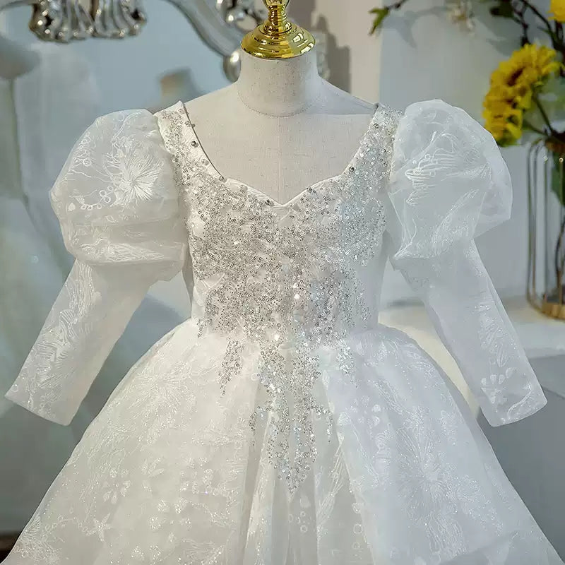 Long-Sleeved Ball Gown Flower Girl Dress with Lace and Crystal Appliques for Sweetheart Parties