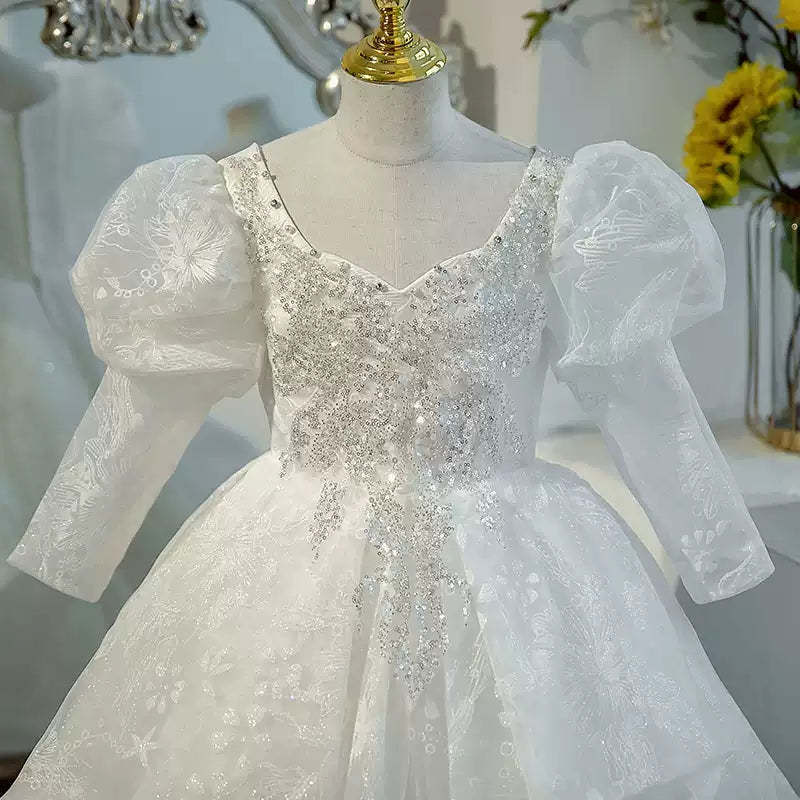 Long-Sleeved Ball Gown Flower Girl Dress with Lace and Crystal Appliques for Sweetheart Parties
