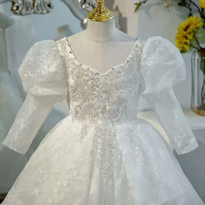 Long-Sleeved Ball Gown Flower Girl Dress with Lace and Crystal Appliques for Sweetheart Parties