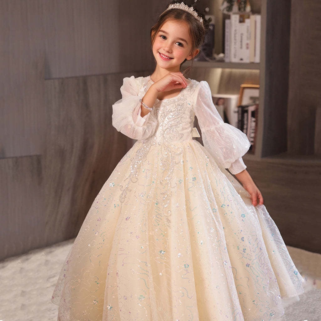 Round Neck 3/4 Sleeve Princess A-Line Party Dress with Rhinestone Lace Appliques
