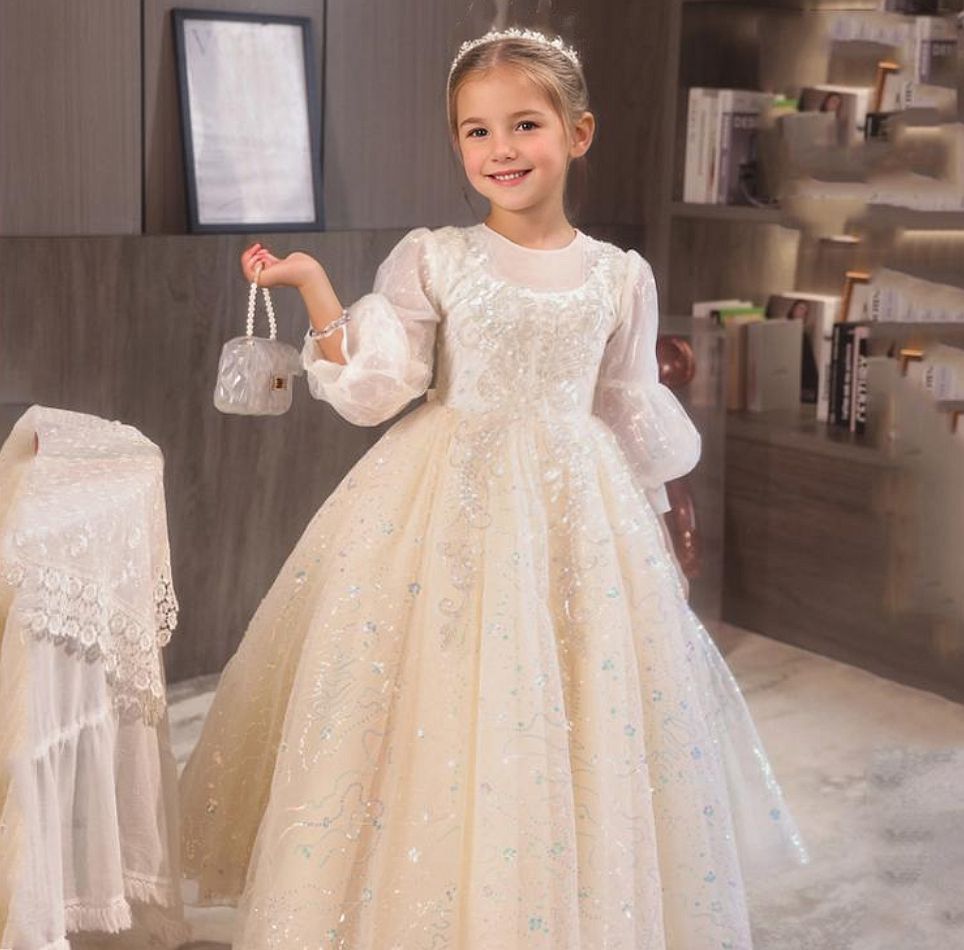 Round Neck 3/4 Sleeve Princess A-Line Party Dress with Rhinestone Lace Appliques