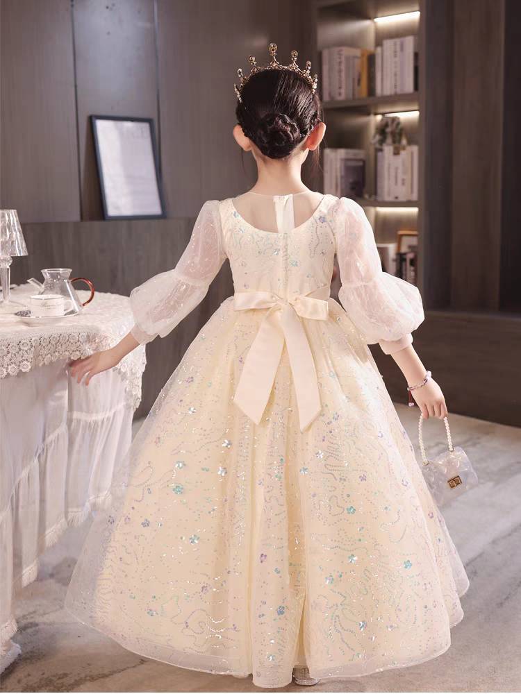 Round Neck 3/4 Sleeve Princess A-Line Party Dress with Rhinestone Lace Appliques