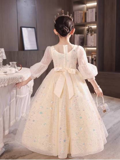 Round Neck 3/4 Sleeve Princess A-Line Party Dress with Rhinestone Lace Appliques