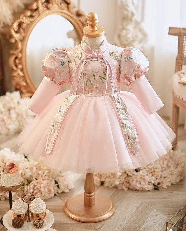 Long Sleeves High Neck Party Dress with Embroidery for Baby Girl