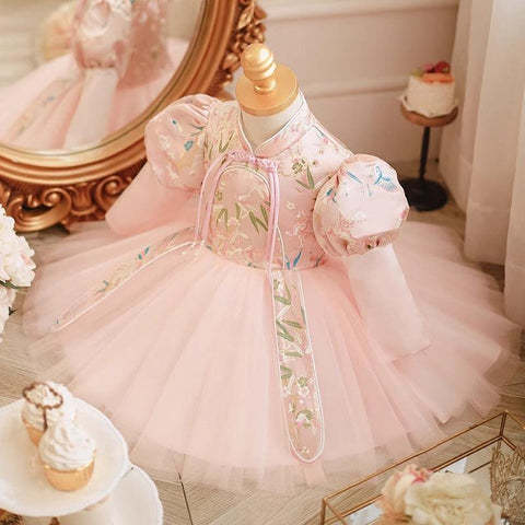 Long Sleeves High Neck Party Dress with Embroidery for Baby Girl