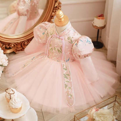 Long Sleeves High Neck Party Dress with Embroidery for Baby Girl