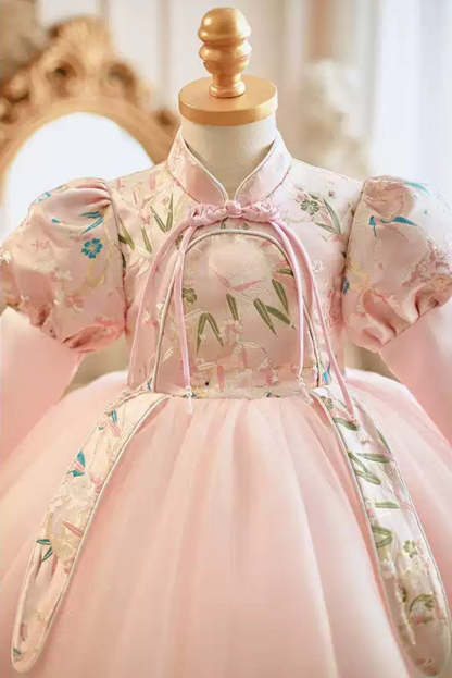 Long Sleeves High Neck Party Dress with Embroidery for Baby Girl
