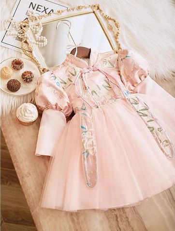 Long Sleeves High Neck Party Dress with Embroidery for Baby Girl