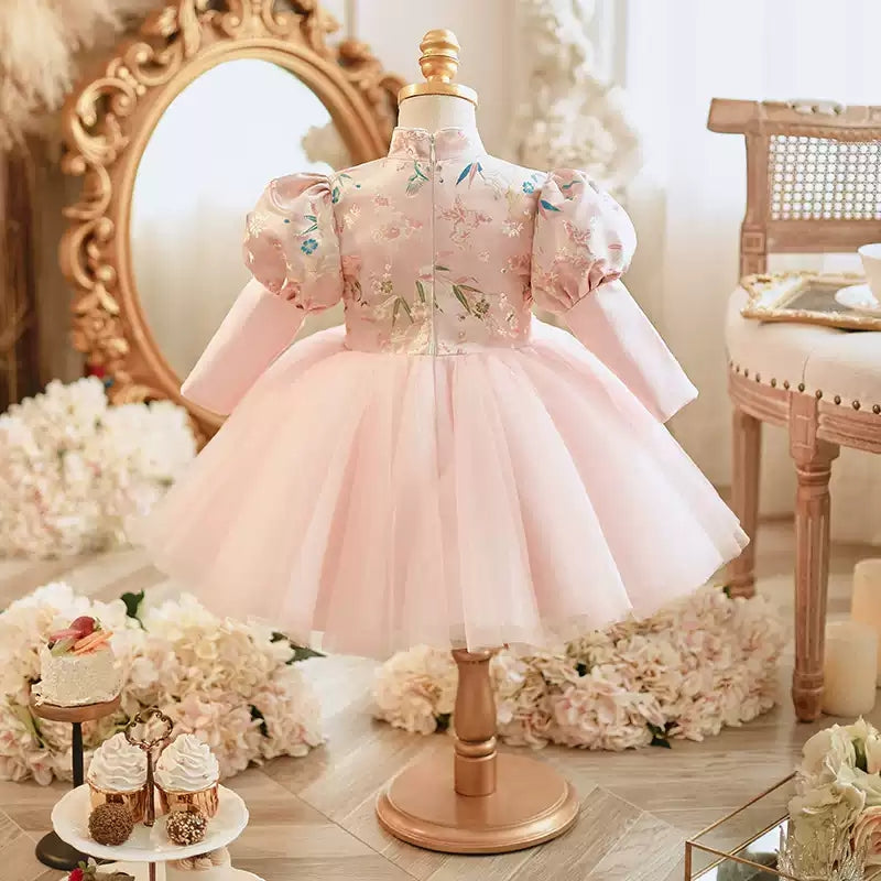 Long Sleeves High Neck Party Dress with Embroidery for Baby Girl