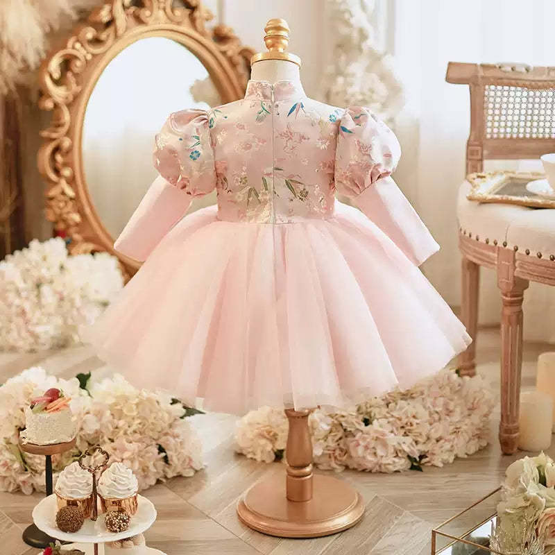 Long Sleeves High Neck Party Dress with Embroidery for Baby Girl