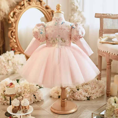 Long Sleeves High Neck Party Dress with Embroidery for Baby Girl