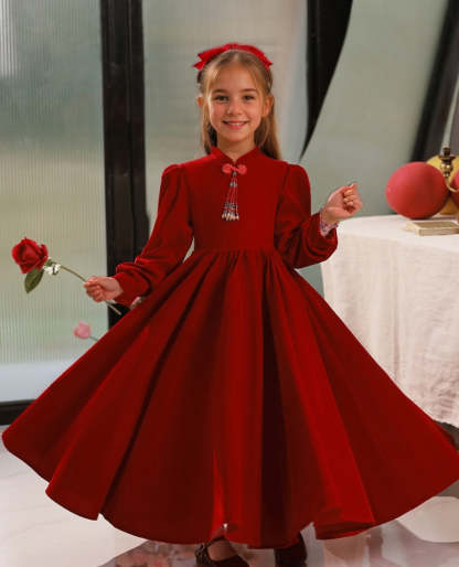 Floor-Length High-Neck A-Line Princess Dress with Long Sleeves for Flower Girls
