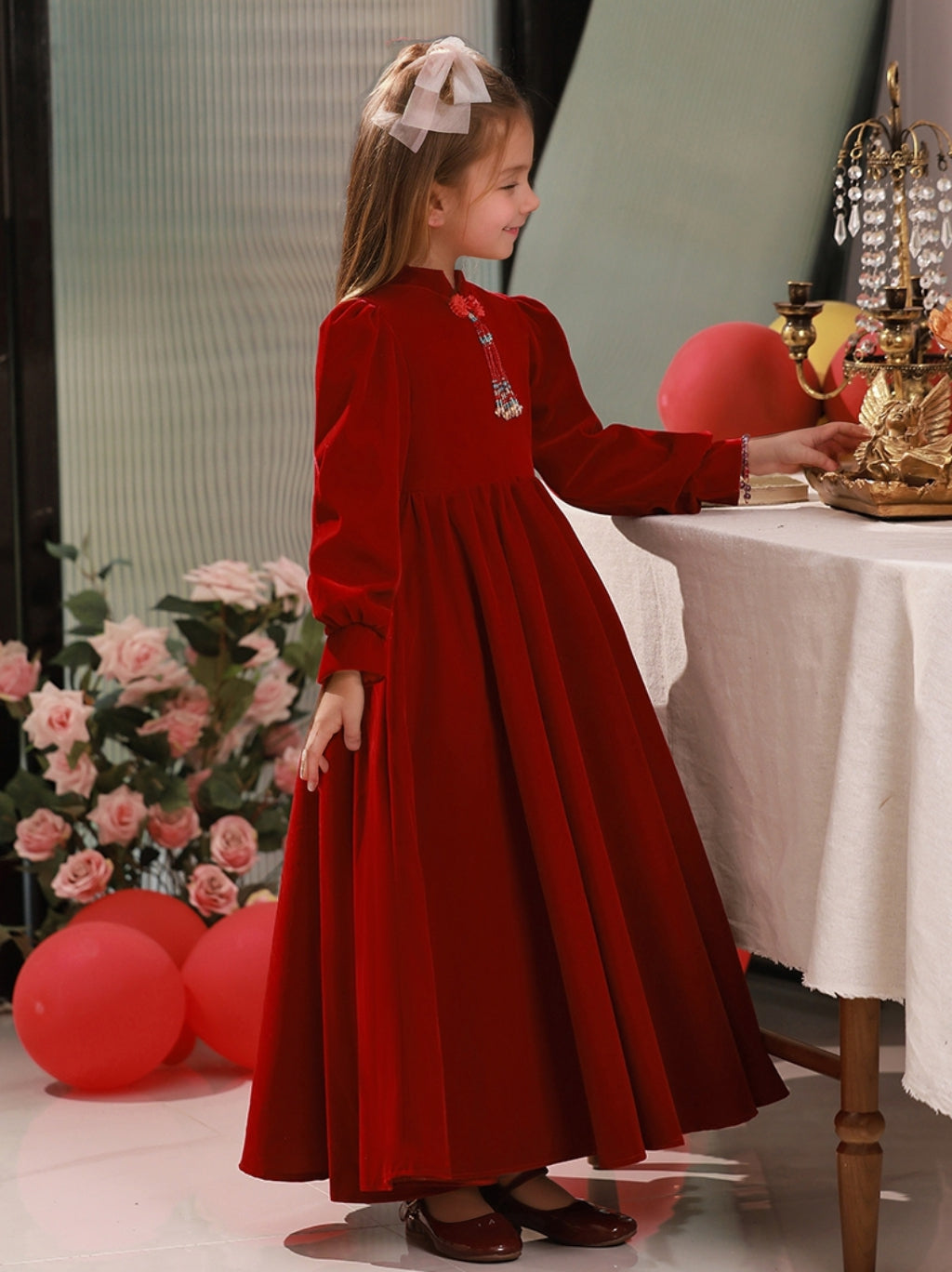 Floor-Length High-Neck A-Line Princess Dress with Long Sleeves for Flower Girls