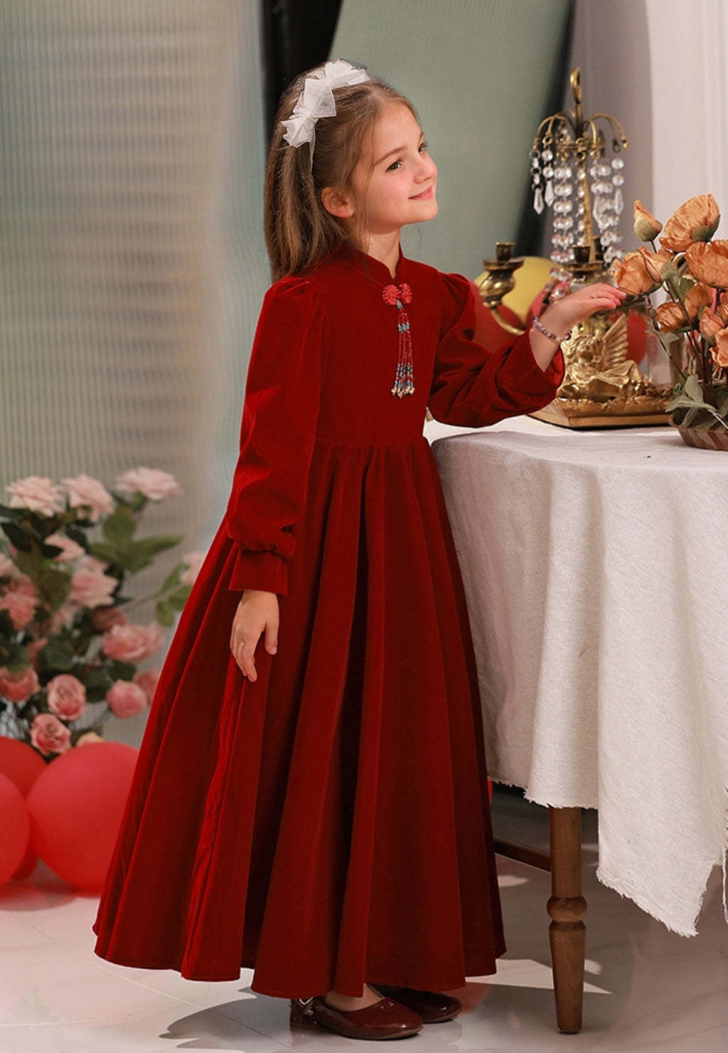 Floor-Length High-Neck A-Line Princess Dress with Long Sleeves for Flower Girls