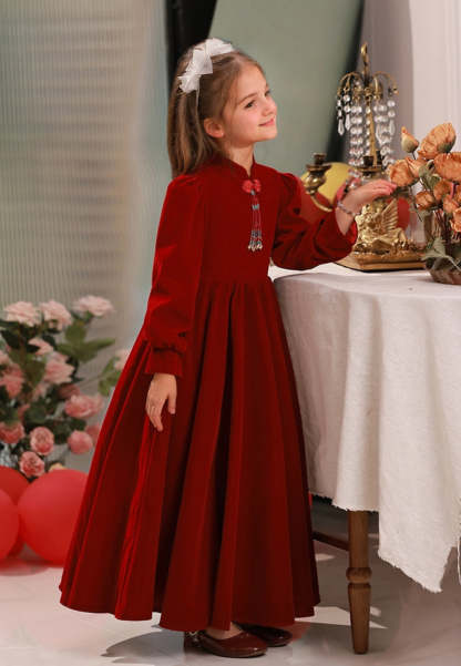 Floor-Length High-Neck A-Line Princess Dress with Long Sleeves for Flower Girls