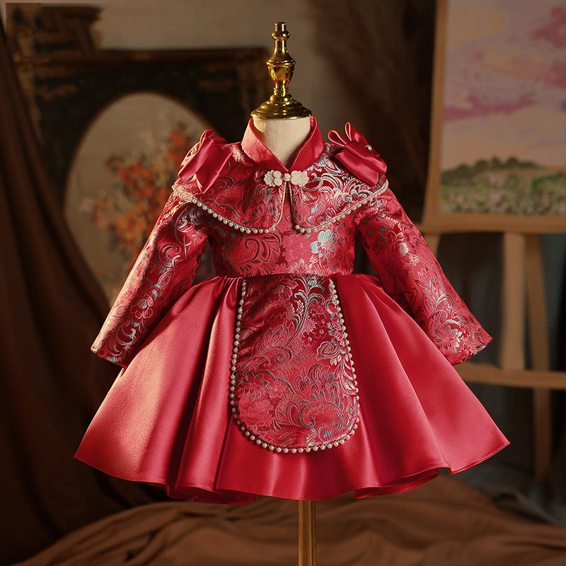 Long Sleeves High Neck Embroidery Party Dress for Baby Girls with Bow Knee Length