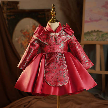 Long Sleeves High Neck Embroidery Party Dress for Baby Girls with Bow Knee Length