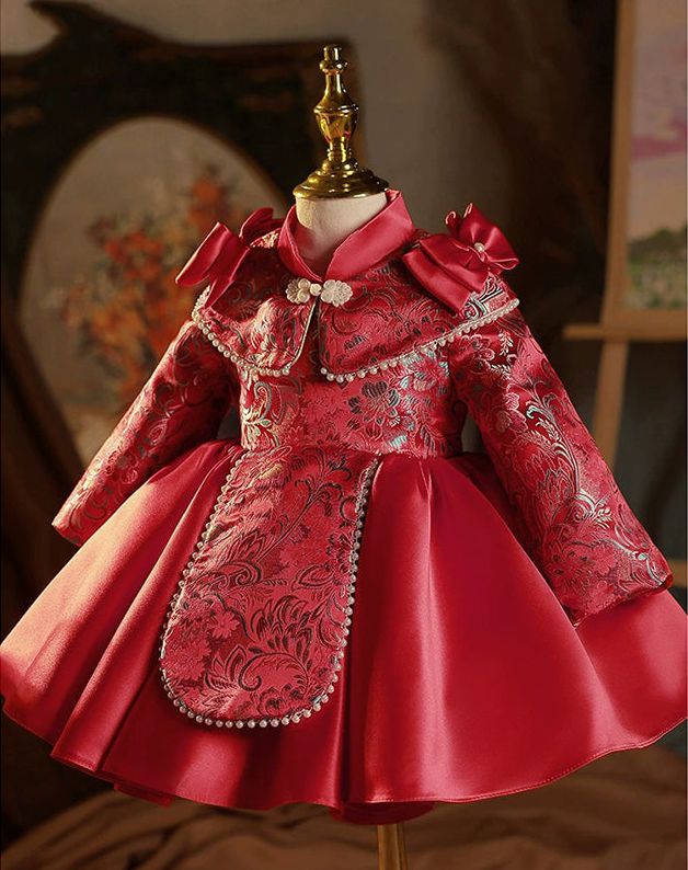 Long Sleeves High Neck Embroidery Party Dress for Baby Girls with Bow Knee Length