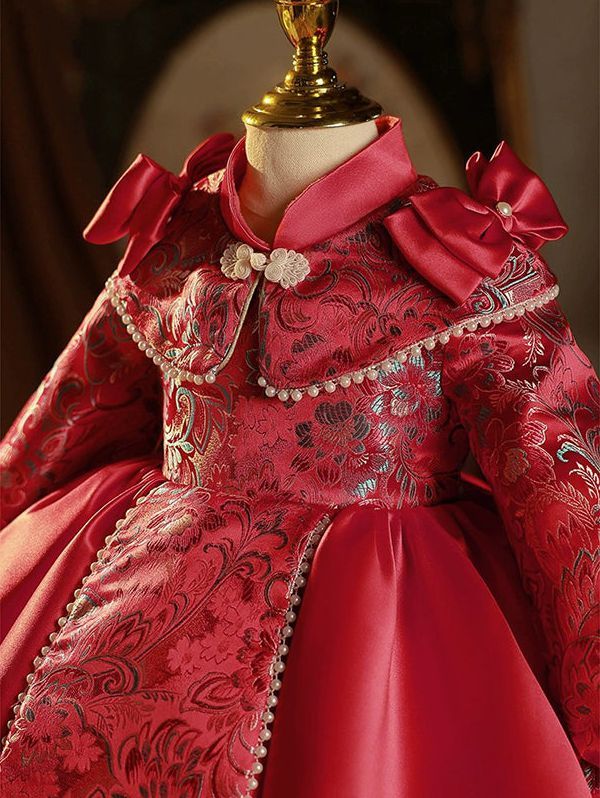 Long Sleeves High Neck Embroidery Party Dress for Baby Girls with Bow Knee Length