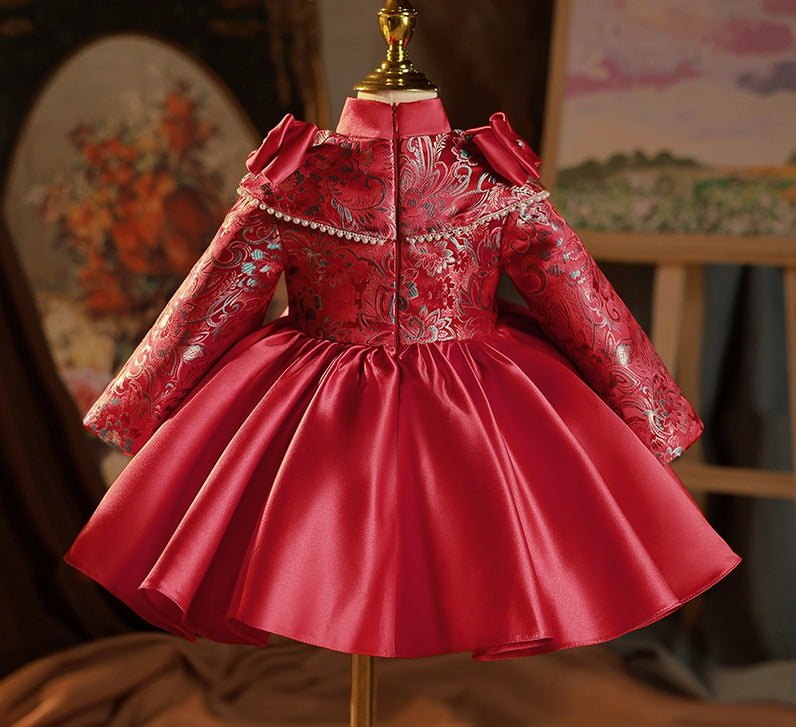 Long Sleeves High Neck Embroidery Party Dress for Baby Girls with Bow Knee Length