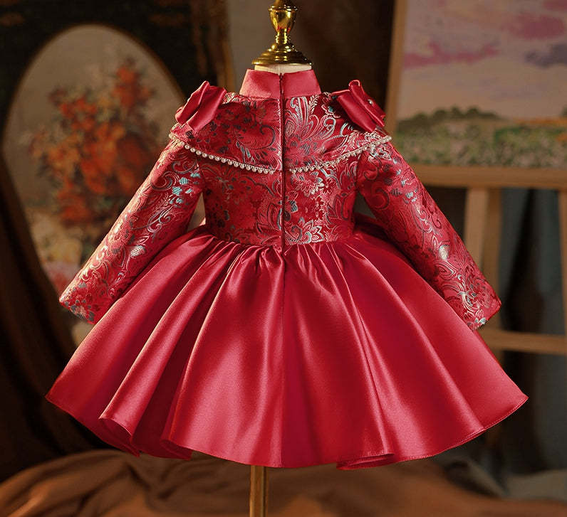 Long Sleeves High Neck Embroidery Party Dress for Baby Girls with Bow Knee Length
