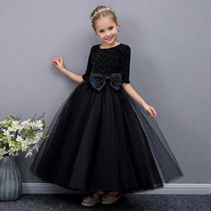 A-Line/Princess Party Dress for Girls with Bow Round Neck and Half Sleeves Floor Length