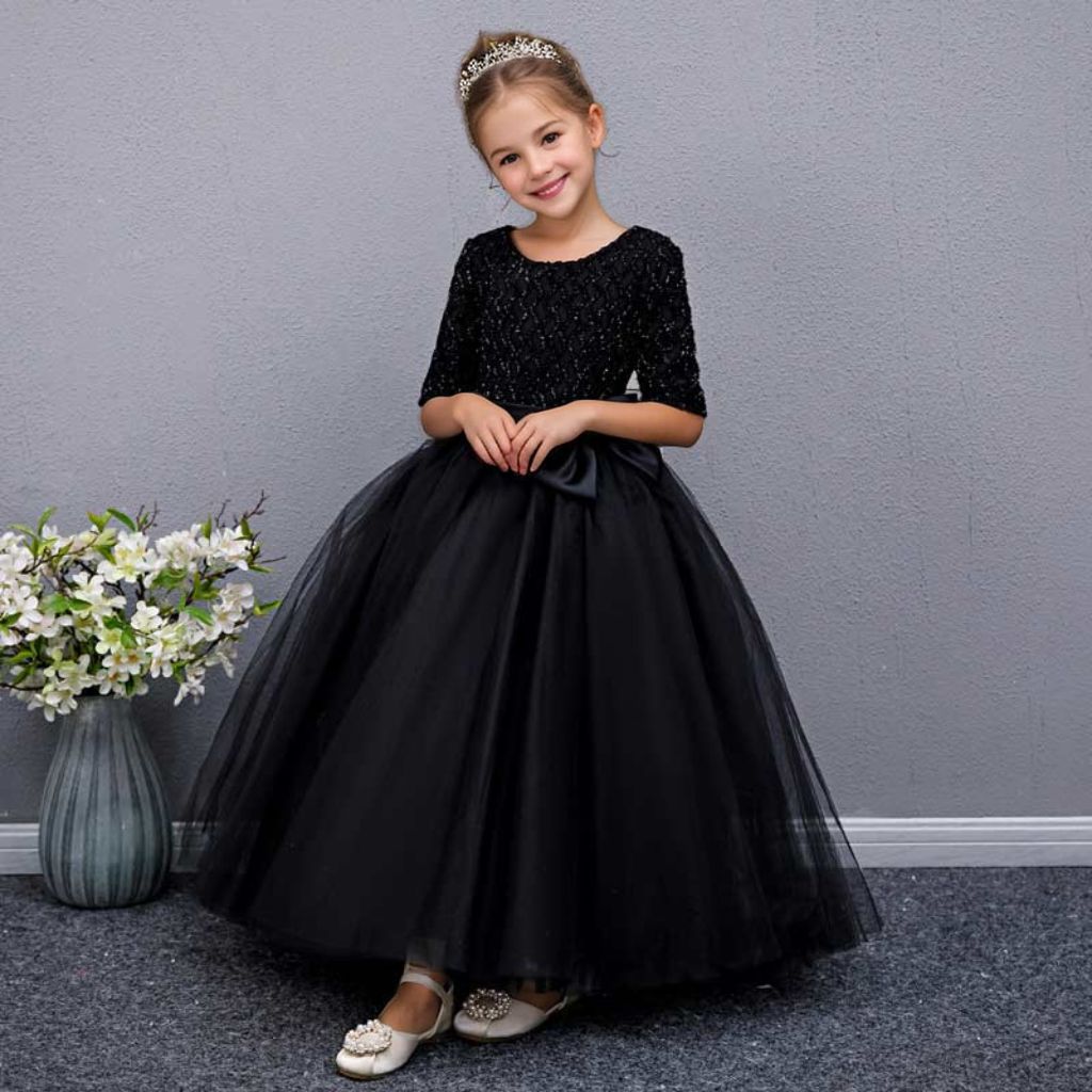 A-Line/Princess Party Dress for Girls with Bow Round Neck and Half Sleeves Floor Length