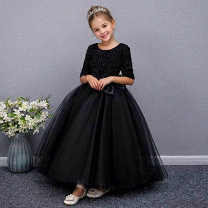 A-Line/Princess Party Dress for Girls with Bow Round Neck and Half Sleeves Floor Length