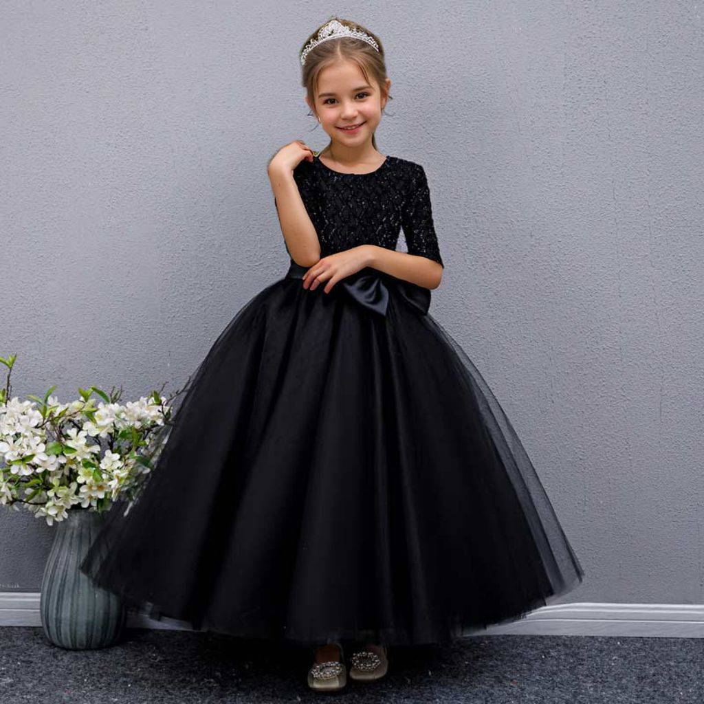 A-Line/Princess Party Dress for Girls with Bow Round Neck and Half Sleeves Floor Length