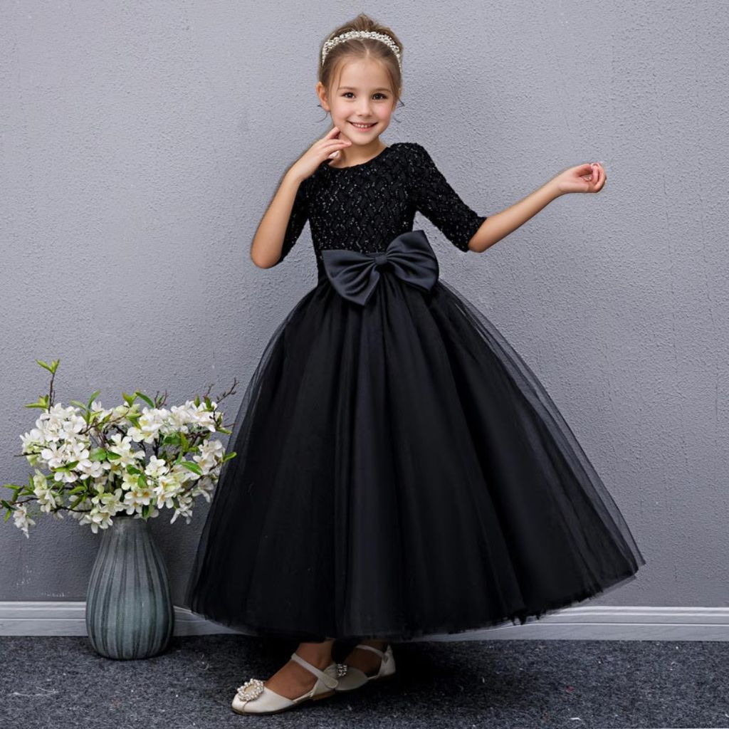 A-Line/Princess Party Dress for Girls with Bow Round Neck and Half Sleeves Floor Length