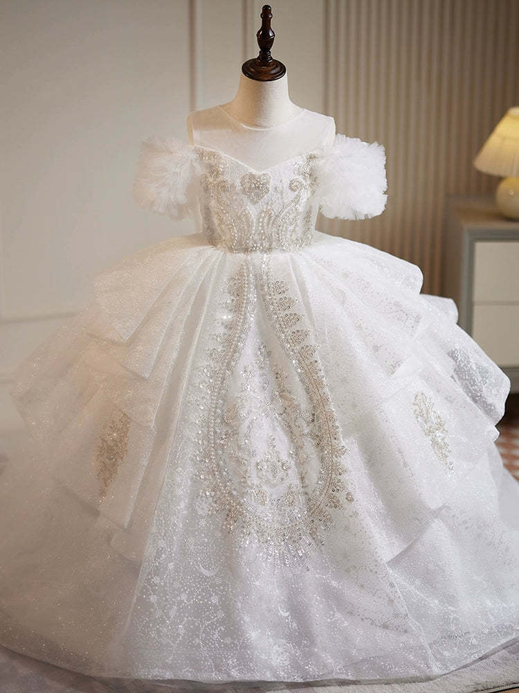 Off-the-Shoulder Ball Gown Flower Girl Dresses with Lace and Rhinestone Appliques