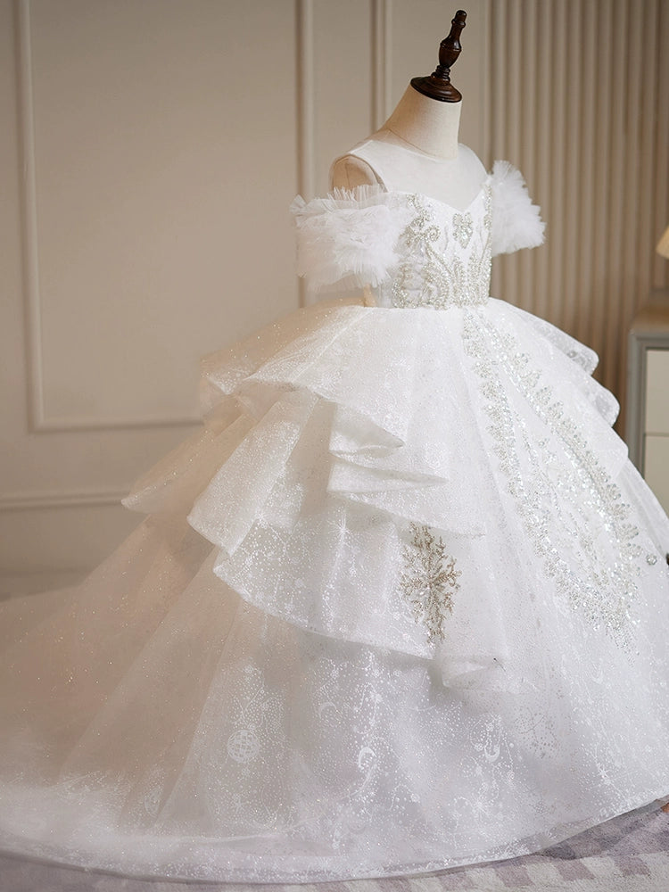 Off-the-Shoulder Ball Gown Flower Girl Dresses with Lace and Rhinestone Appliques